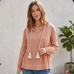 Garnet Hill Organic Cotton Embroidered Blouson Sleeve Top Size 8